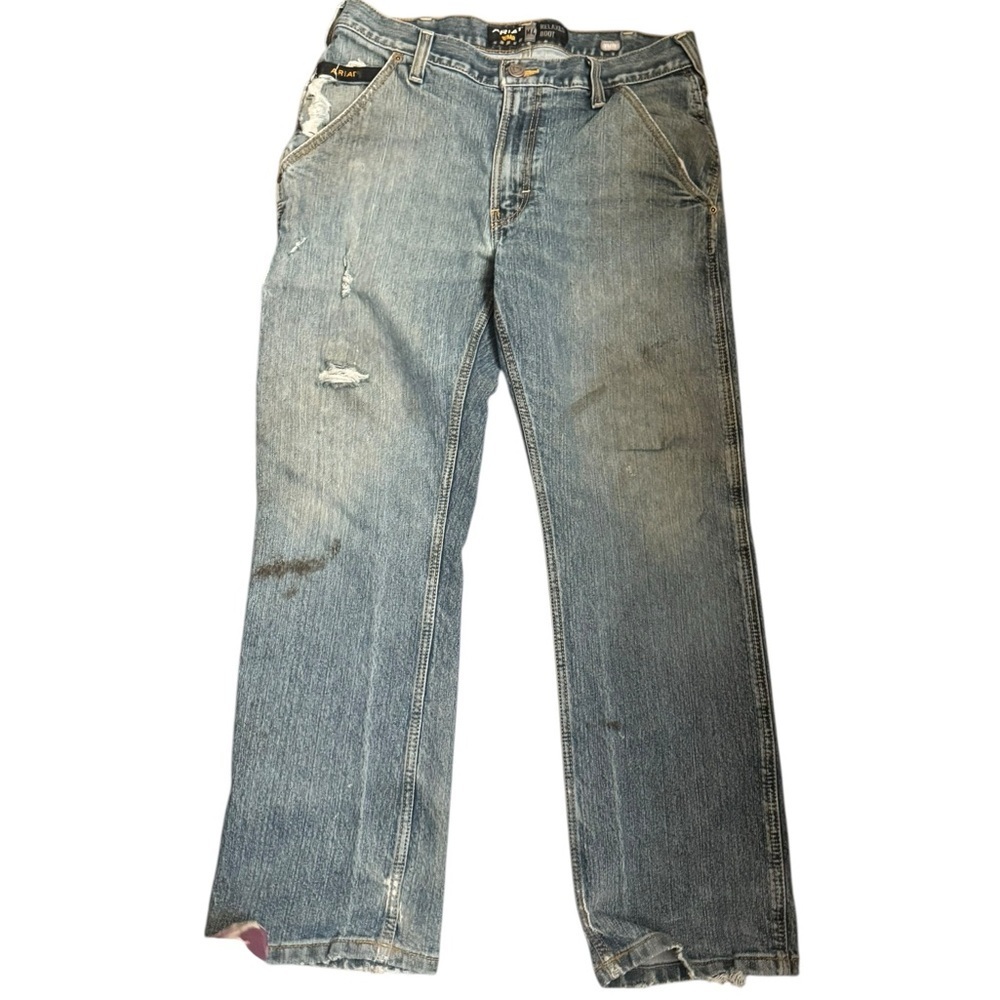 ARIAT REBAR M4 Relaxed Boot Blue Denim Jeans SZ 32X30 Workwear Outdoors Frayed